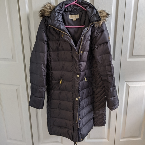 Michael Kors Jackets & Blazers - EUC L Michael Kors thigh length Gray Puffer Coat w/faux fur removable hood